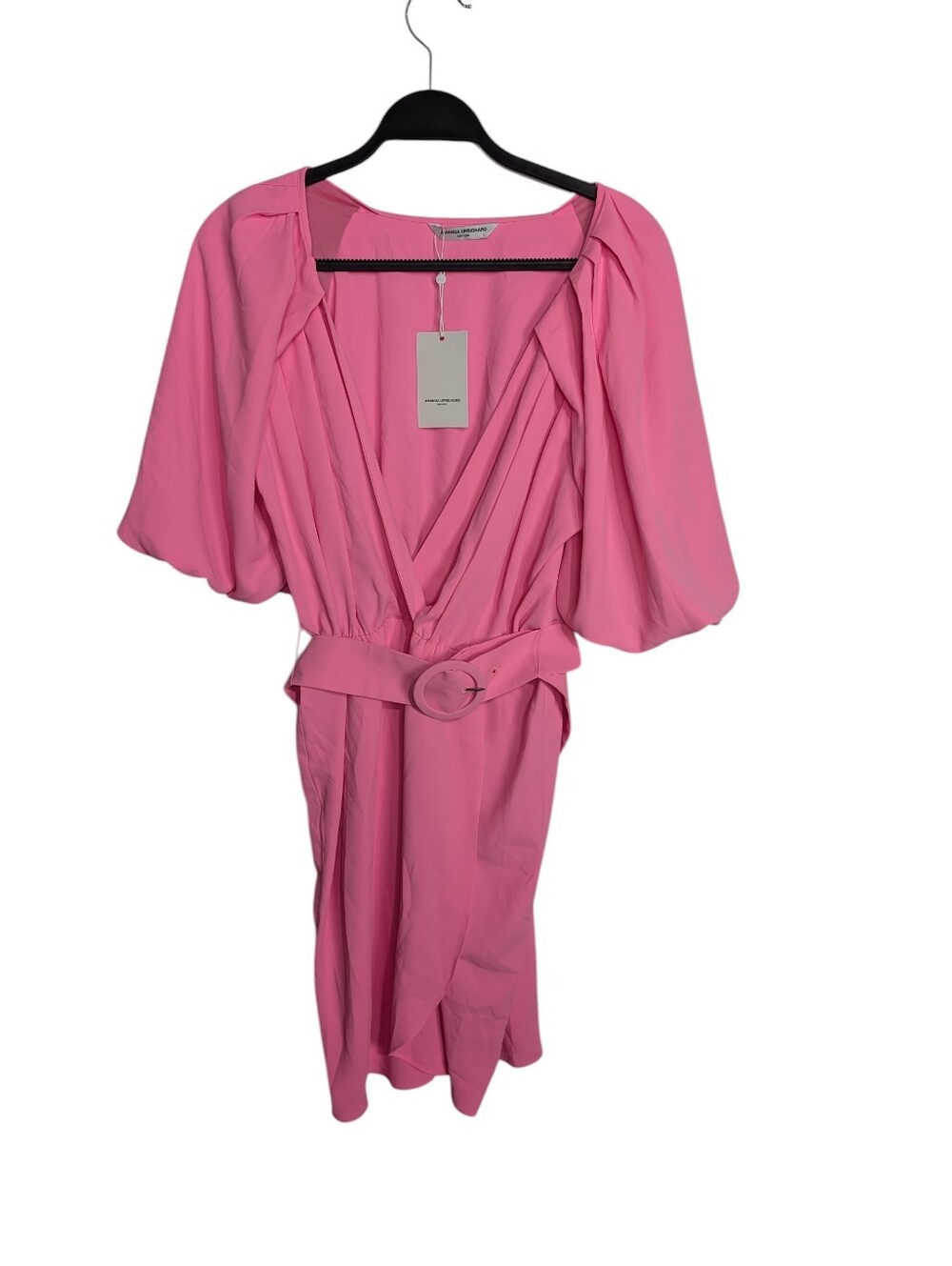 Amanda Uprichard Puff Sleeve Durand Shocking Pink Belted Mini Dress Size Large - Picture 2 of 11